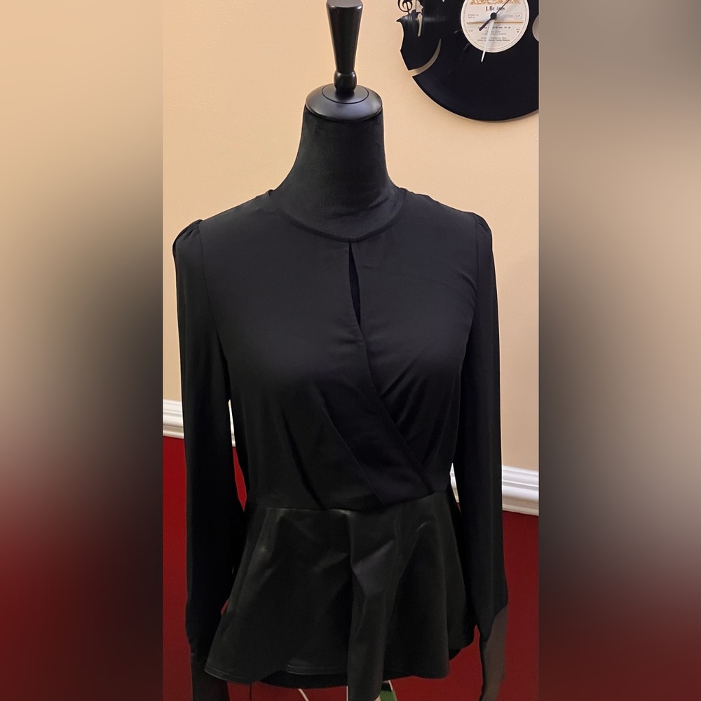 Garcia Dressy Black Top with Leather Trim Keyhole Detail with Pleats